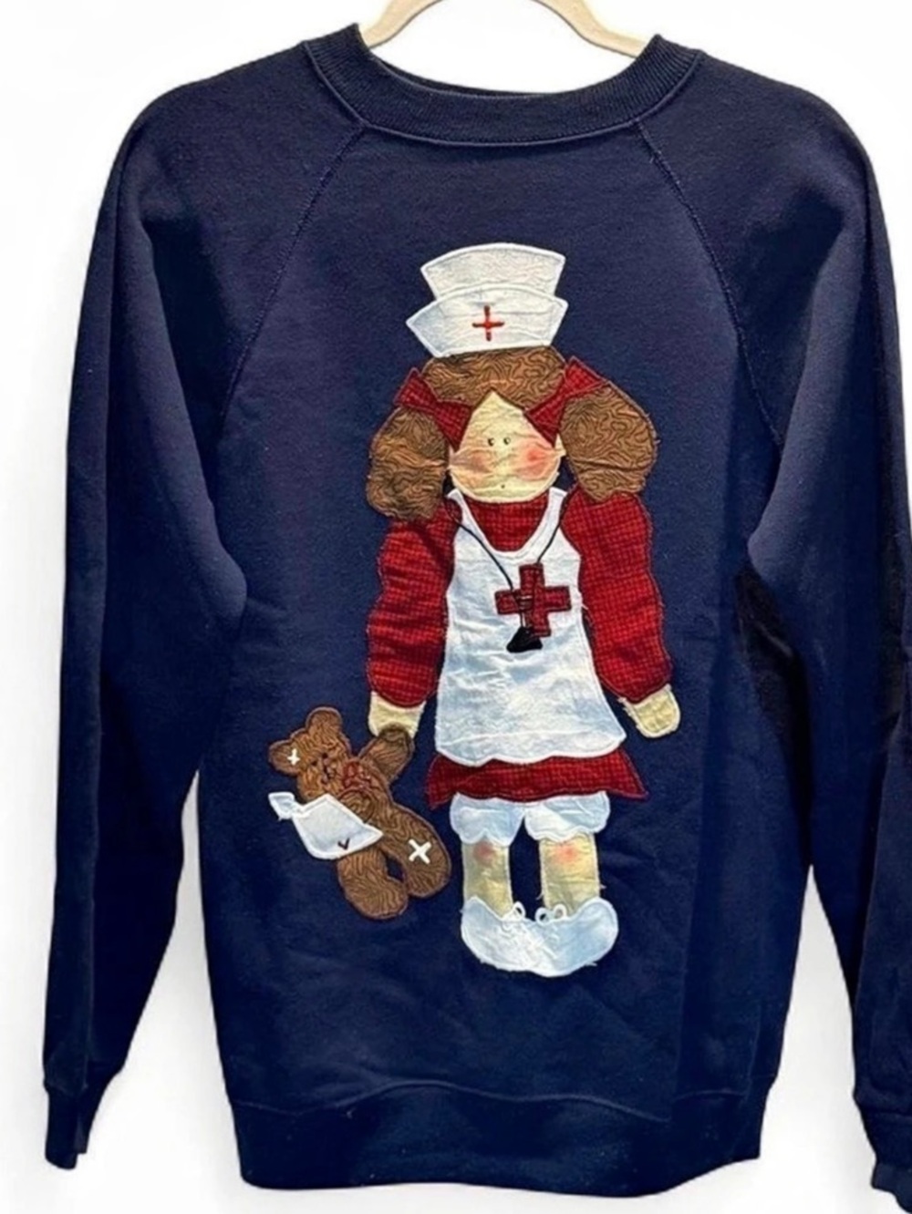 Vintage Handmade Nurse Rag Doll Appliqué Sweatshirt Size Large